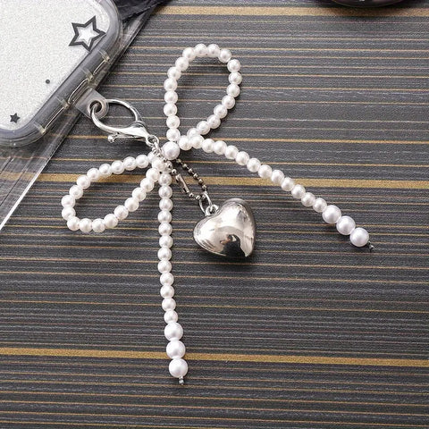 Pearl Heart Bow Keychain